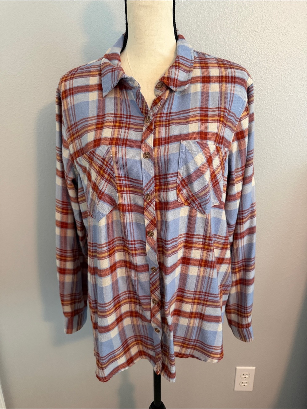 Maurices Light Blue and Rust Plaid Kids Button-Up Pajama Top